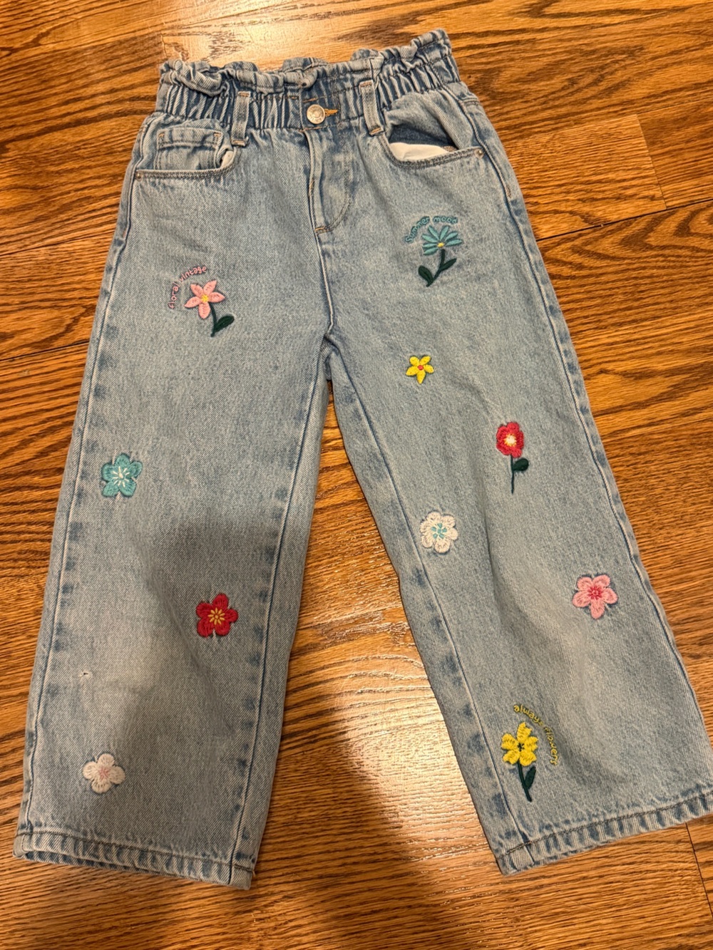 Zara Light Wash Straight Leg Jeans with Multicolor Floral Embroidery
